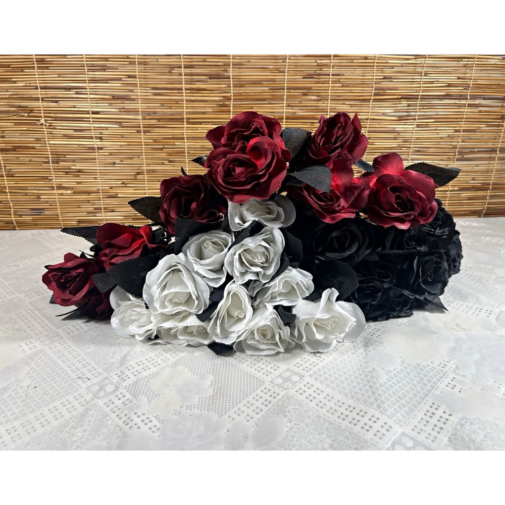 Artificial Fabric Rose Stems/Sprays Lot Burgundy Red White Black Flowers 14"
